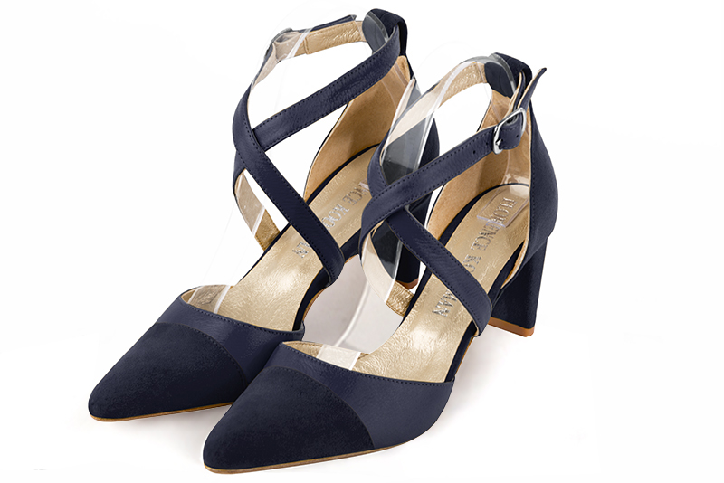 Navy blue women's open side shoes, with crossed straps. Tapered toe. Medium comma heels - Florence KOOIJMAN